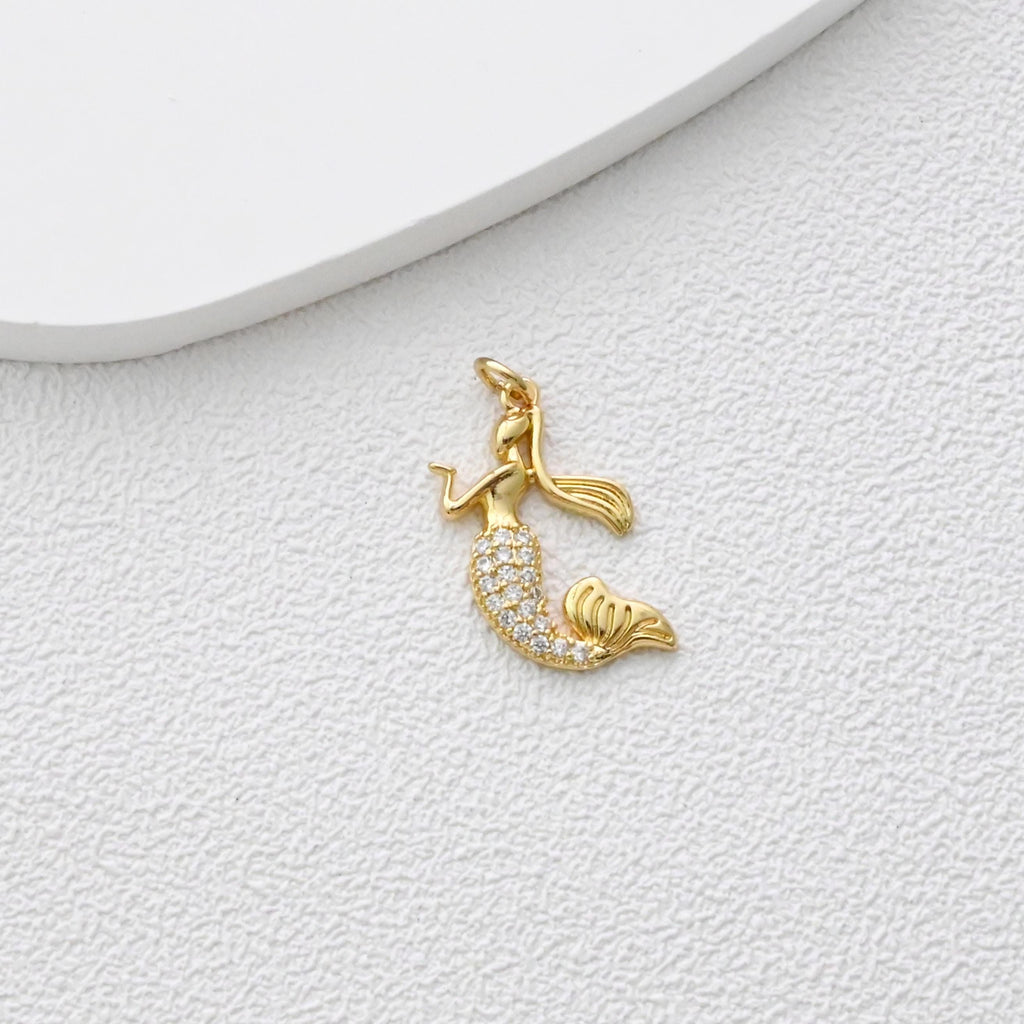 Mermaid Pendant, Conch Pendant, 18K Gold Plated CZ Pave Charms, Pendant for Necklace Jewelry Findings S1370
