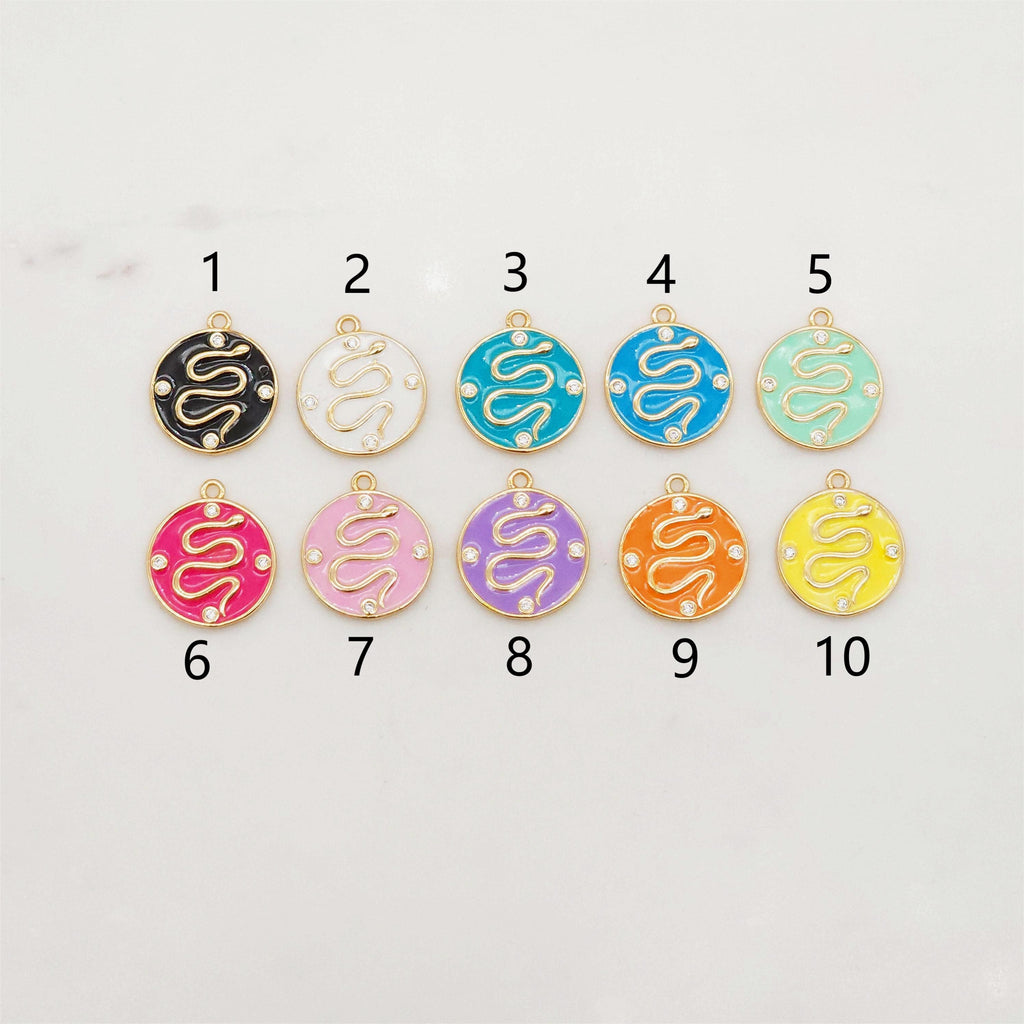 Snake Charm, Dainty CZ Pave, Round Enamel 18K Gold Plated, Snake Pendant, Bracelet Necklace Making Charm, 15mm Jewelry Finding S20382