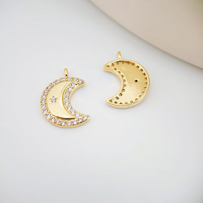 Cubic Crescent Moon Charm, 18K Gold Plated Moon Pendant, Clear Micro CZ Pave Horn Charms, 20x14mm, Jewelry Findings S116