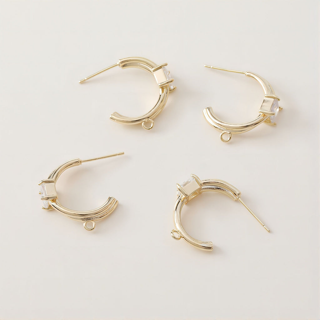 C Shape Earrings Post With Loop, 14K Gold/Silver Plated, S925 Silver Ear Pin Nickel Free Earrings, Pave Square CZ, Earring Findings JJ007