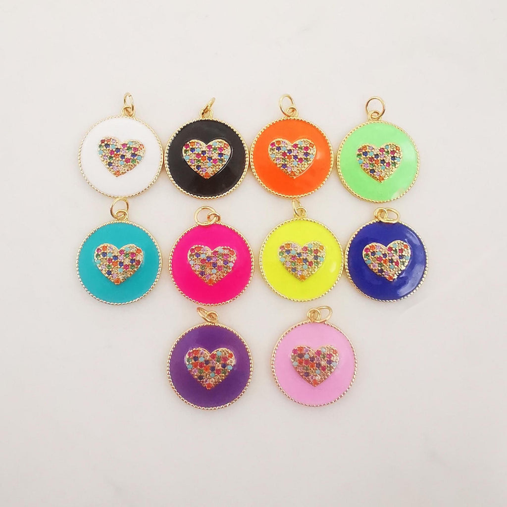 Enamel Round Heart Charm, 18K Gold Plated Love Pendant, Multicolor Pave, 18mm, Necklace Making Charm, Jewelry Findings S20311