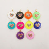 Enamel Round Heart Charm, 18K Gold Plated Love Pendant, Multicolor Pave, 18mm, Necklace Making Charm, Jewelry Findings S20311