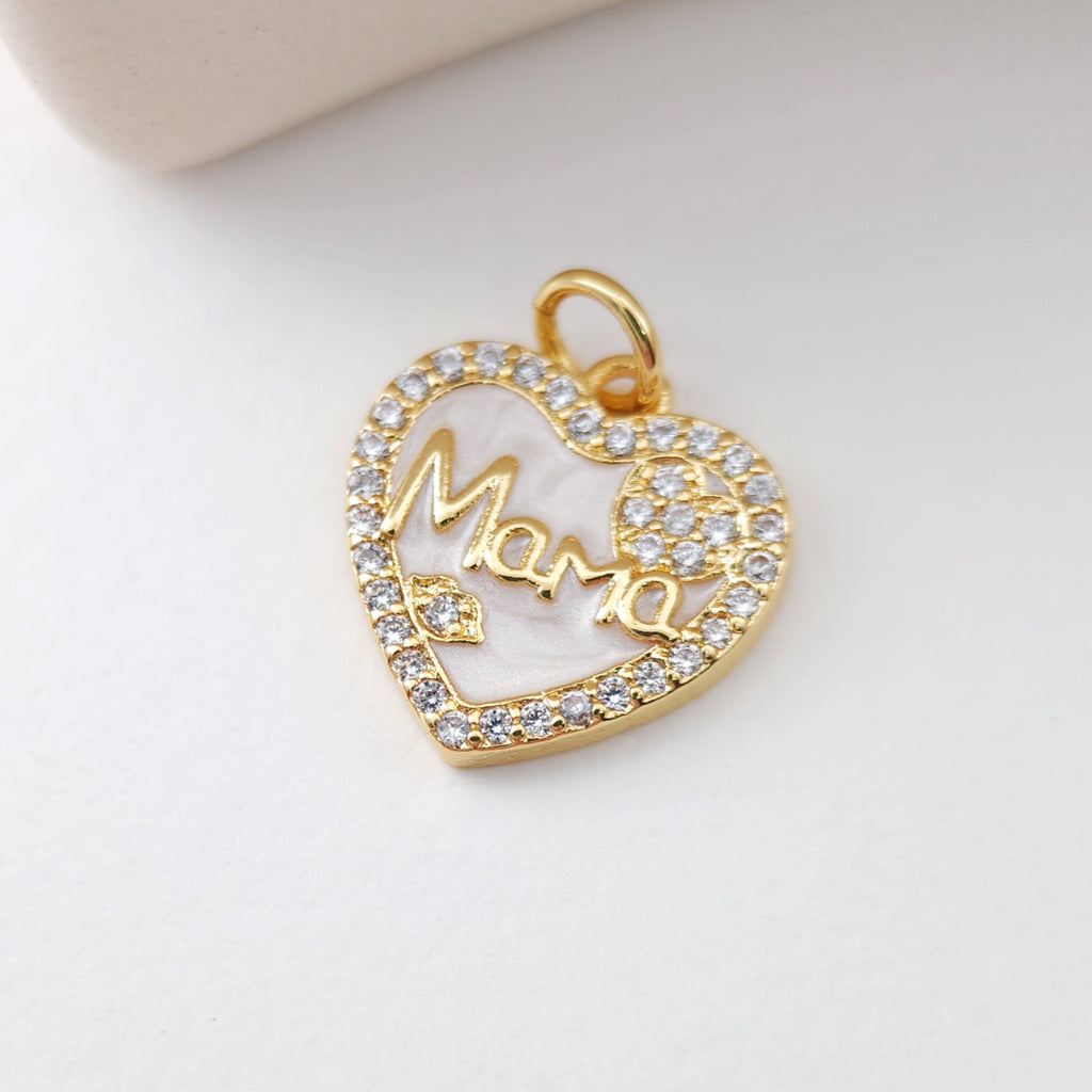 Cubic Love Mom Charm, 18K Gold Plated Micro CZ Pave Heart Pendant, Necklace Making Findings,  Jewelry Finding Gift for Mom S1122