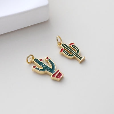Enamel Cactus Pendant, 18K Gold Plated Charm, Dainty Jewelry Making Pendant S1309