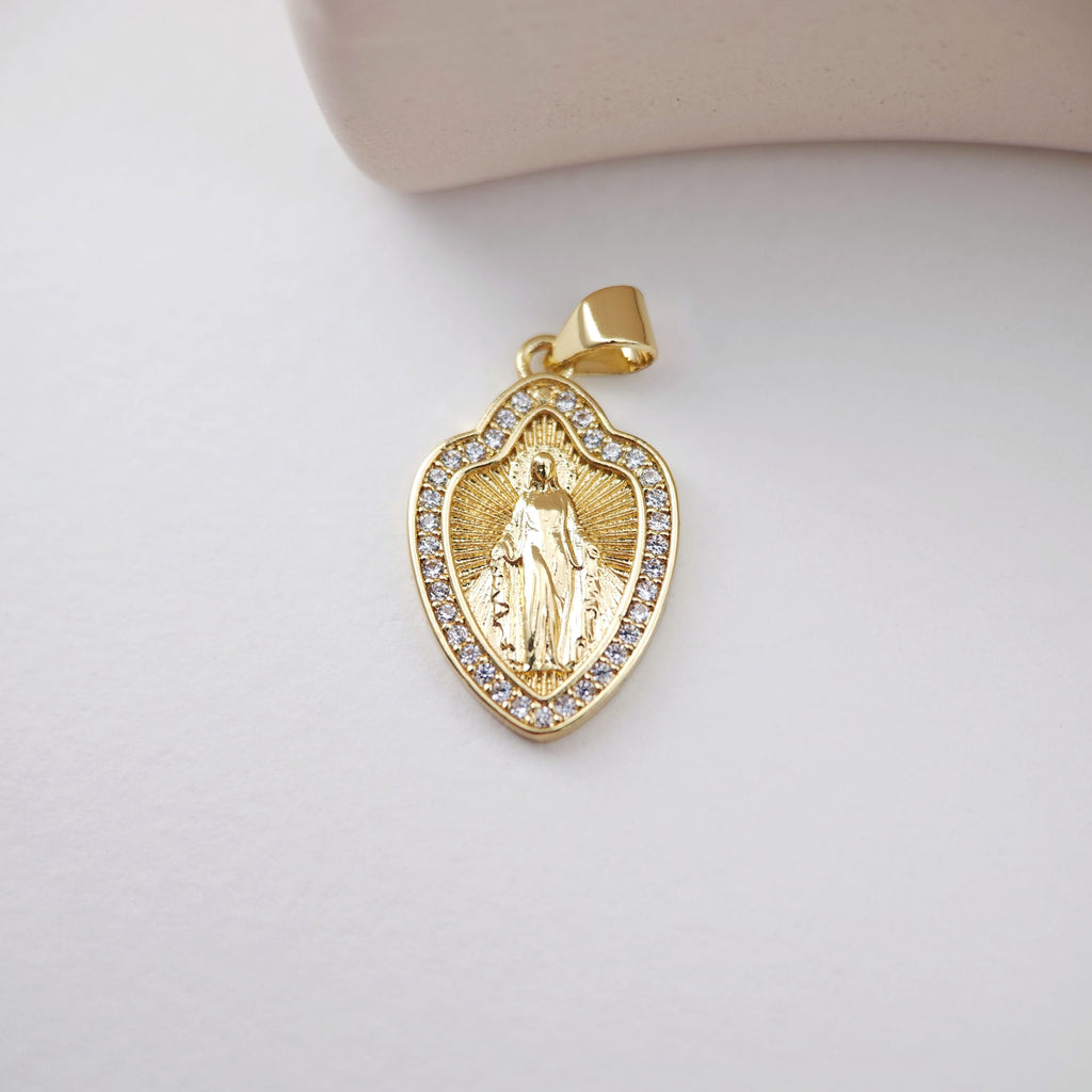 Cubic Saint Maria Charm, Religious Pendant, 18K Gold Plated Micro CZ Pave Our Lady Pendant, Vintage Necklace Making Charm S1169