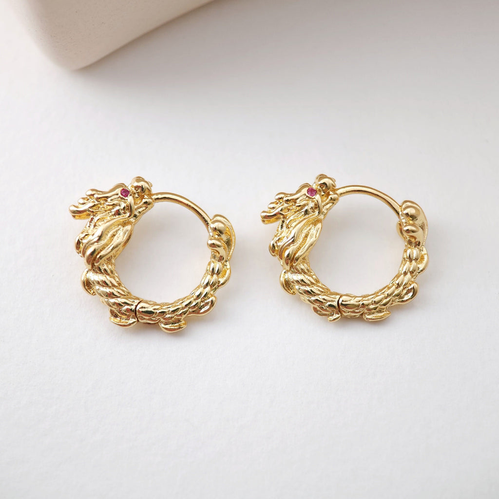 Gold Dragon Hoop Earring, 18.6mm, 18K Gold Plated Leverback Earrings, Huggie Hoops Earring S1188