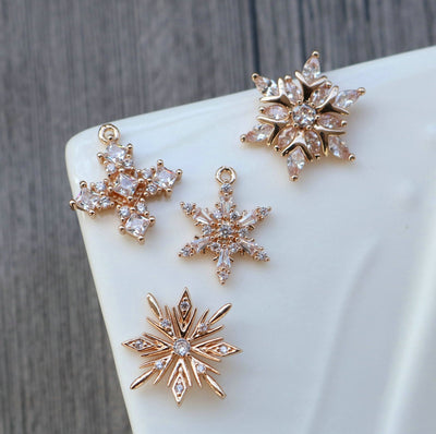 Snowflake Charm, Cubic Zircon Crystal Snowflake Pendant, CZ Earring Charms,  Gold Plated Brass Earring Charms, Jewelry Findings HL016-F143