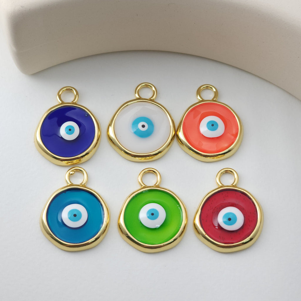 Enamel Multicoloured Evil Eye Charm, 18K Gold Plated Round Pendant, 20mm, Necklace Making Charm, Jewelry Findings S1231