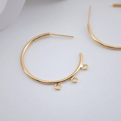 C Shape Earrings Post with 3 loops, 18K Gold, S925 Silver Pin, Nickel Free Hoops, Ear Stud Hypoallergenic Earring Findings ZX244