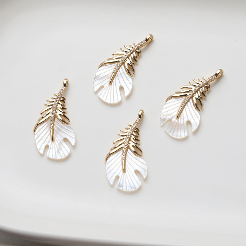 Feather Shell Pendant, Real Gold/Silver Plated, CZ Pave, Jewelry Making Findings GZ533