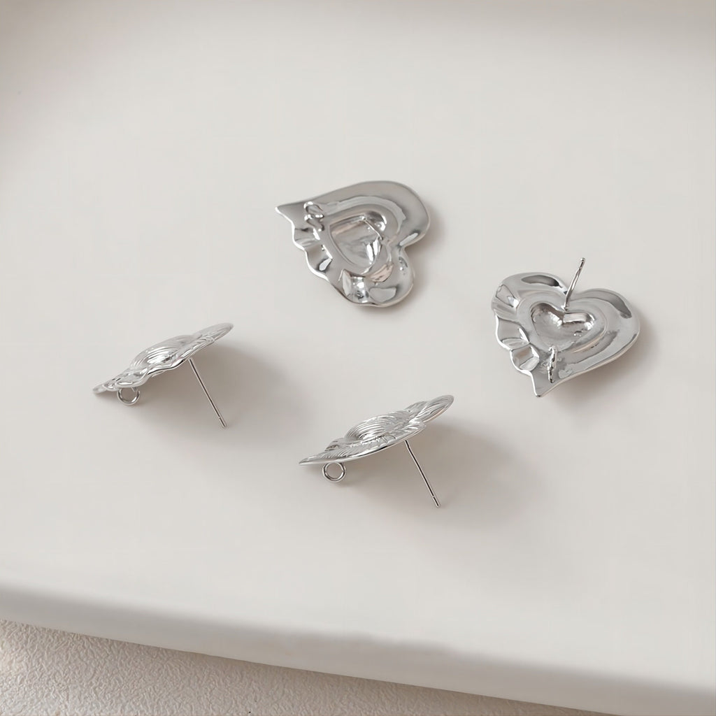 Gold Heart Earring Post, 14K Gold/Silver Nickel Free Earrings, S925 Silver Ear Pins, 20mm, Heart Shape Ear Stud with Loop JJ023