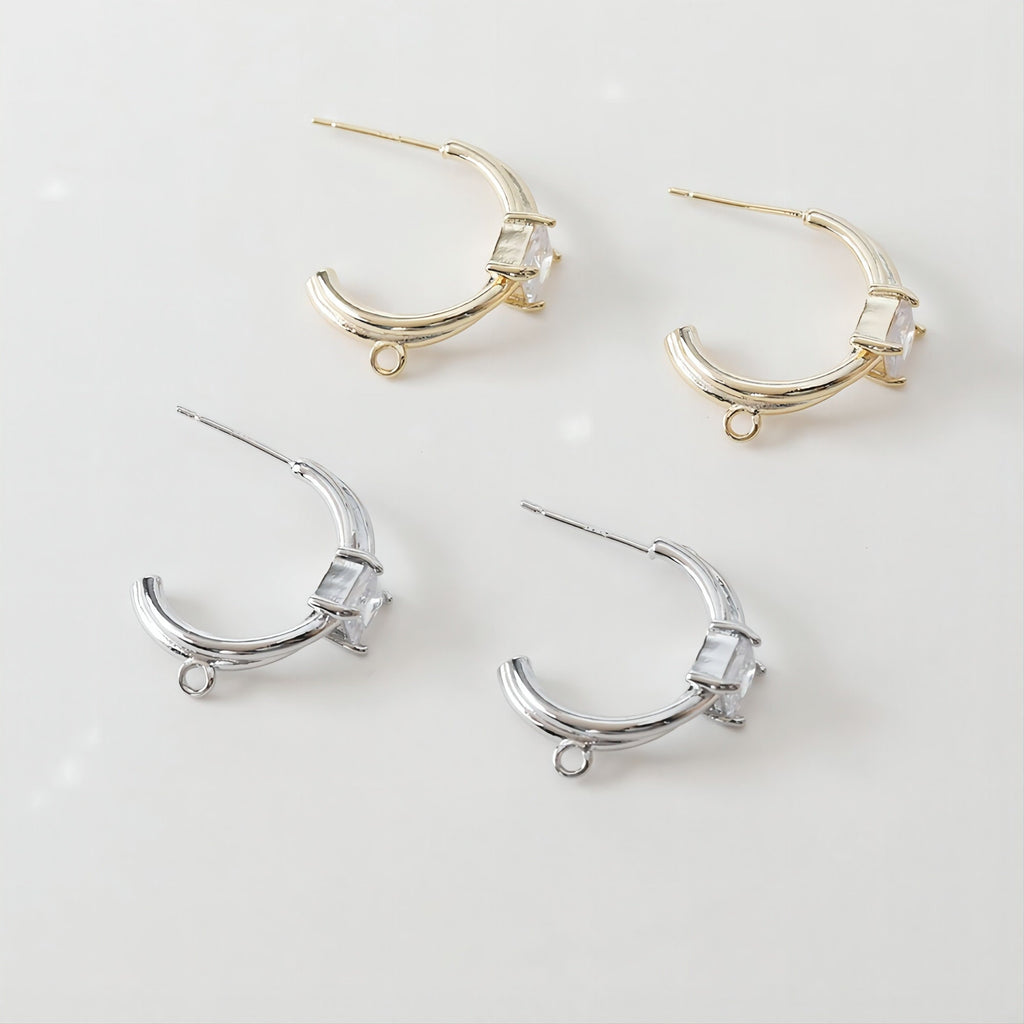 C Shape Earrings Post With Loop, 14K Gold/Silver Plated, S925 Silver Ear Pin Nickel Free Earrings, Pave Square CZ, Earring Findings JJ007
