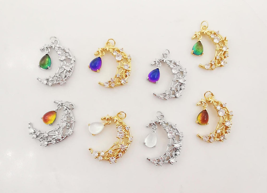 Dainty Crescent Moon Charm, CZ Pave Moon Pendant, Drop Crystal Multi Color, 18K Gold Plated, Necklace Pendant Findings S20276