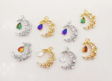 Load image into Gallery viewer, Dainty Crescent Moon Charm, CZ Pave Moon Pendant, Drop Crystal Multi Color, 18K Gold Plated, Necklace Pendant Findings S20276