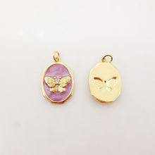 Load image into Gallery viewer, Oval Shape Butterfly Charm, 18K Gold Plated Purple Enamel Butterfly Pendant, 12x18mm, Necklace Making Charm, Jewelry Findings S1075