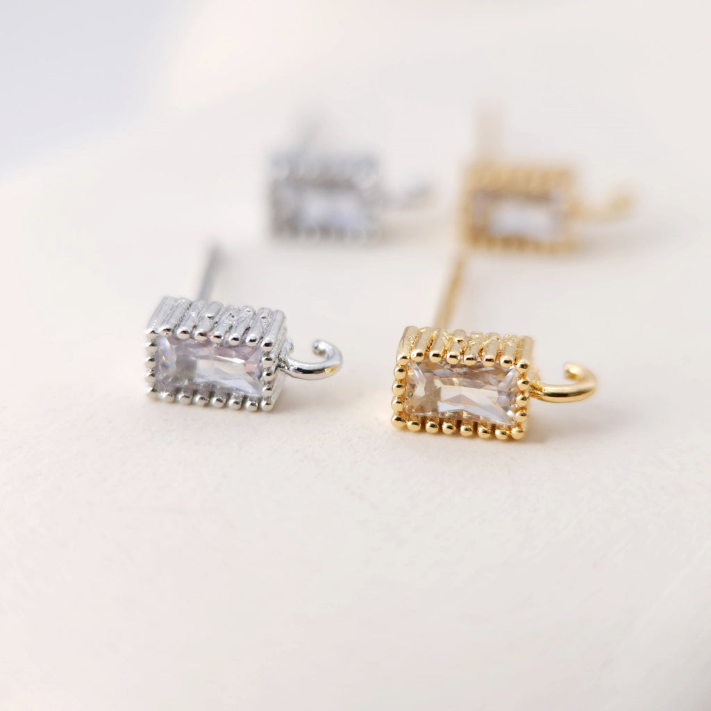 Rectangular CZ Earring Post With Loop, S925 Silver Pin Nickel Free Post, 18K gold Plated, Hypoallergenic Earring Findings S1181