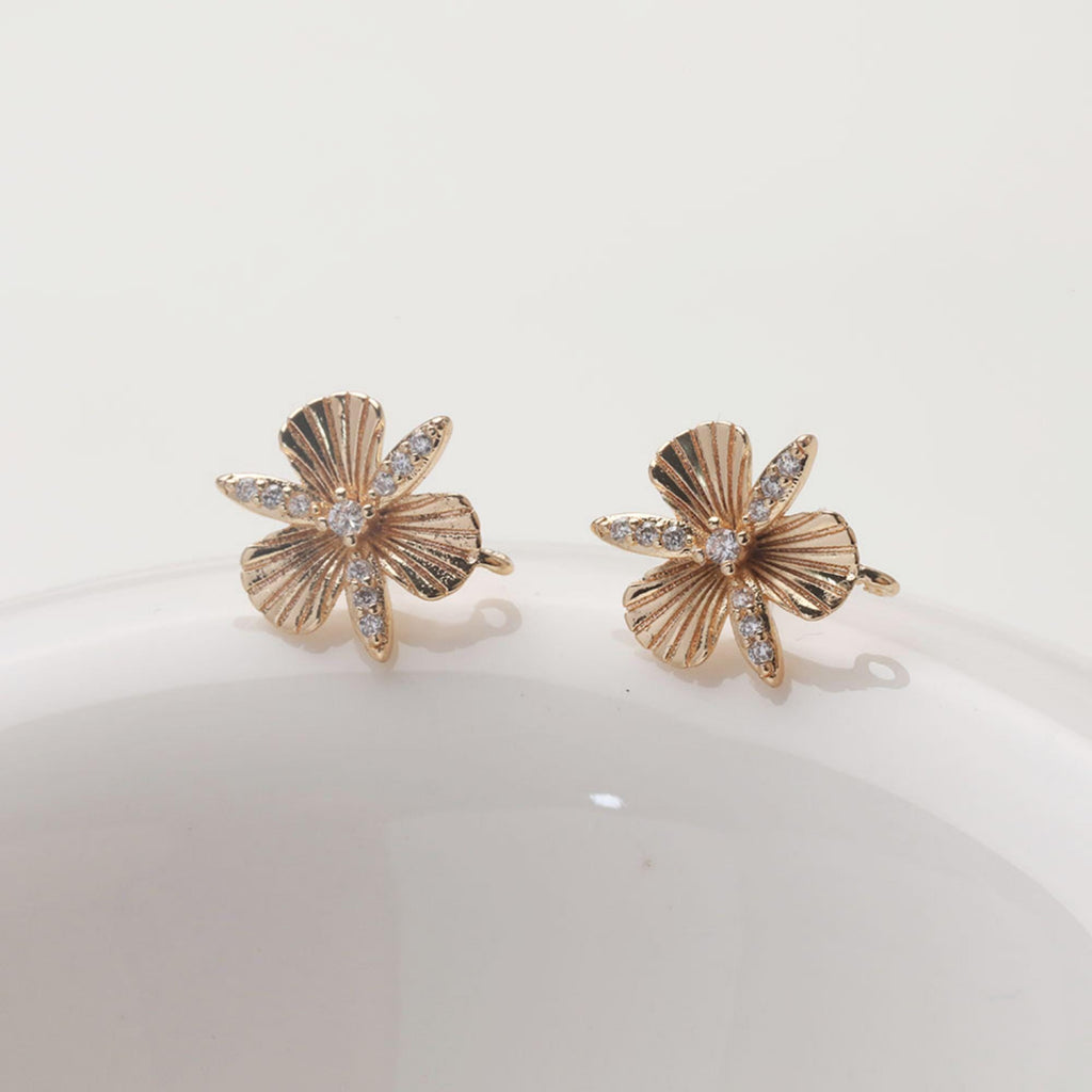 Cubic Zirconia Flower Post Earrings, Gold Plated Earring Post with Loop, Hypoallergenic, Handmade Earring Finding,DIY Earring Supplies GZ765