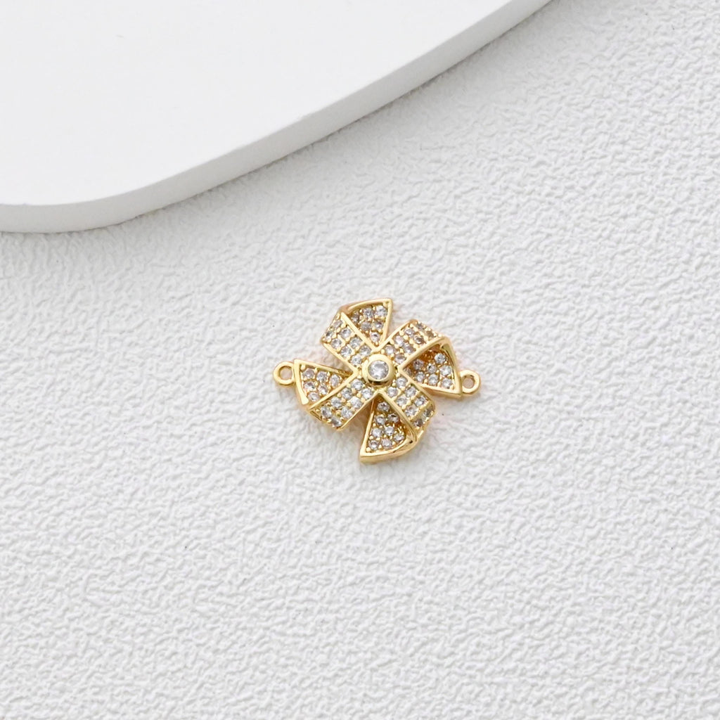 Small Windmill Connector, Gold Plated Windmills,  18K Gold, CZ Pave Charm, Earring Necklace Making Finding S1372