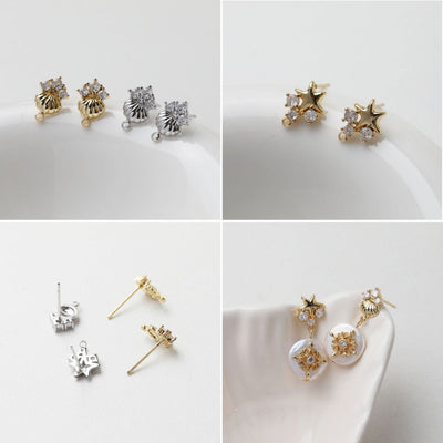 Star Pave Cubic Earring Post, Shell Post, Gold/Silver, S925 Silver Pin Nickel Free Earrings, Hypoallergenic Earring Findings GT051