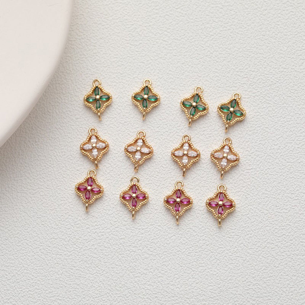 Four-leaf Clover Flower Crystal Charm with loops, Rhinestone Pendant, Bracelet Necklace Making, Gold Plated Jewelry Findings GZ416