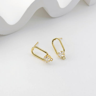 2pcs 18K Gold Oval Post With Loop, CZ Pave, S925 Silver Pin, 17.7*7.4mm, Stud Earring Nickel Free, Hypoallergenic Earring Findings D0234