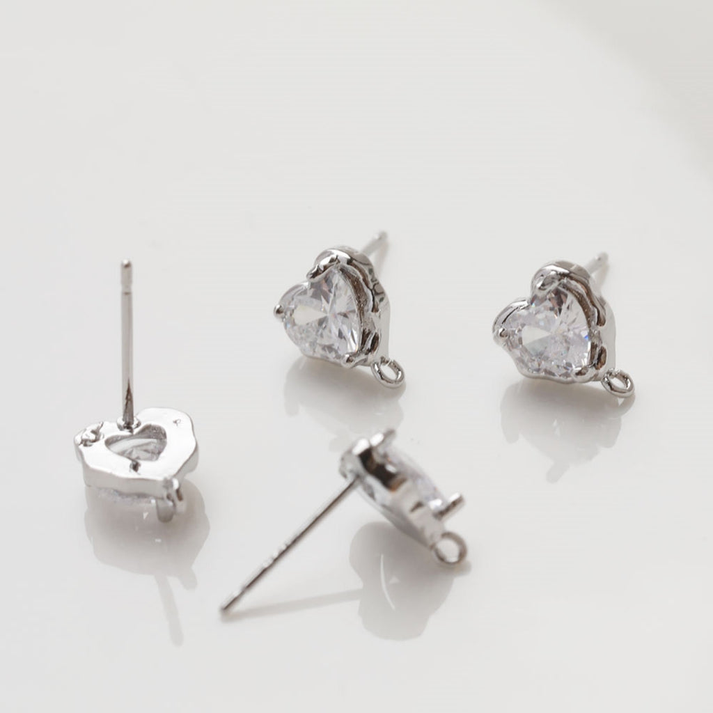 Gold love heart CZ Earring Post,  14K Gold Nickel Free Earrings, S925 Silver Ear Pins, 10mm, Heart Shape Ear Stud with Loop JG066