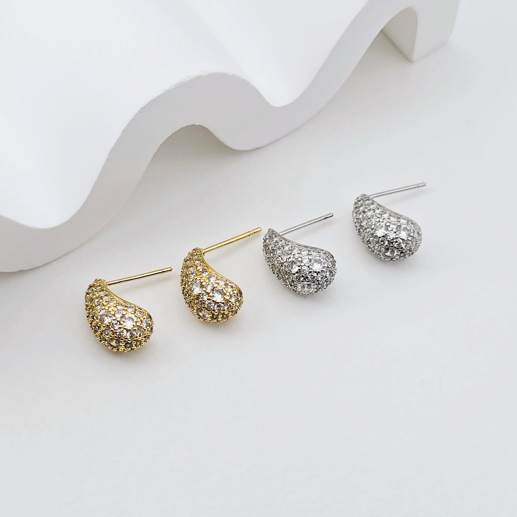 18K Gold Drop Post Earring, CZ Pave, 15*8.3mm, Stud Earring Nickel Free, Hypoallergenic Earring Findings S1244