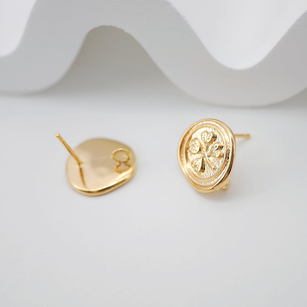 4pcs Four Leaf Clover Stud Earrings, Gold Round Earring Post With Loop, S925 Silver Pin Nickel Free, Hypoallergenic Earring Findings ZX073