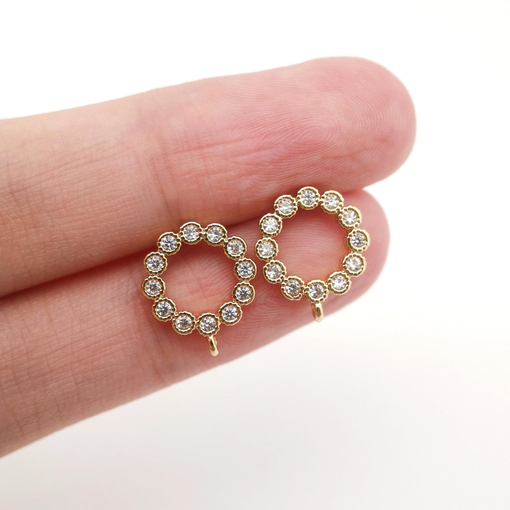 Circle Ear Post with Loops, S925 Silver Ear Pin Nickel Free, Micro CZ Pave, 13.6*11.3mm, 18K Gold Plated Stud Earring Finding D0275