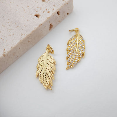 2PCS 22x8mm Cubic Leaf Charms, 18K Gold Leaf Pendants, Micro pave charms for Necklace Bracelet Earring, Jewelry Findings S730
