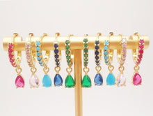 Load image into Gallery viewer, Cubic Ear Hoops Multicolor Pave Crystal, With Tear Drop Crystal, 23mm, 18K Gold Plated Leverback Earrings, Huggie Hoops Earring S20266
