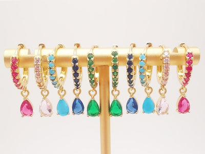 Cubic Ear Hoops Multicolor Pave Crystal, With Tear Drop Crystal, 23mm, 18K Gold Plated Leverback Earrings, Huggie Hoops Earring S20266