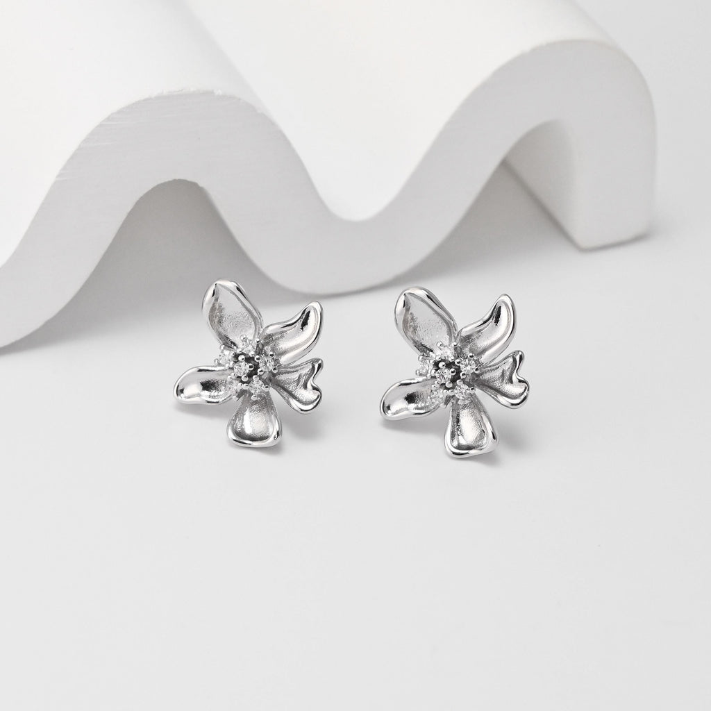 CZ Pave Flower Earrings Post With Loop, 18K Gold Plated, Nickel Free, S925 Silver Pin,Ear Stud Hypoallergenic Earring Findings D0477