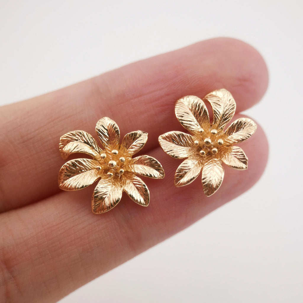 4PCS Flower Earring Post, 18K Real Gold Plated Brass Stud Earring With Loop, Nickel Free, Earring Finding ZX005