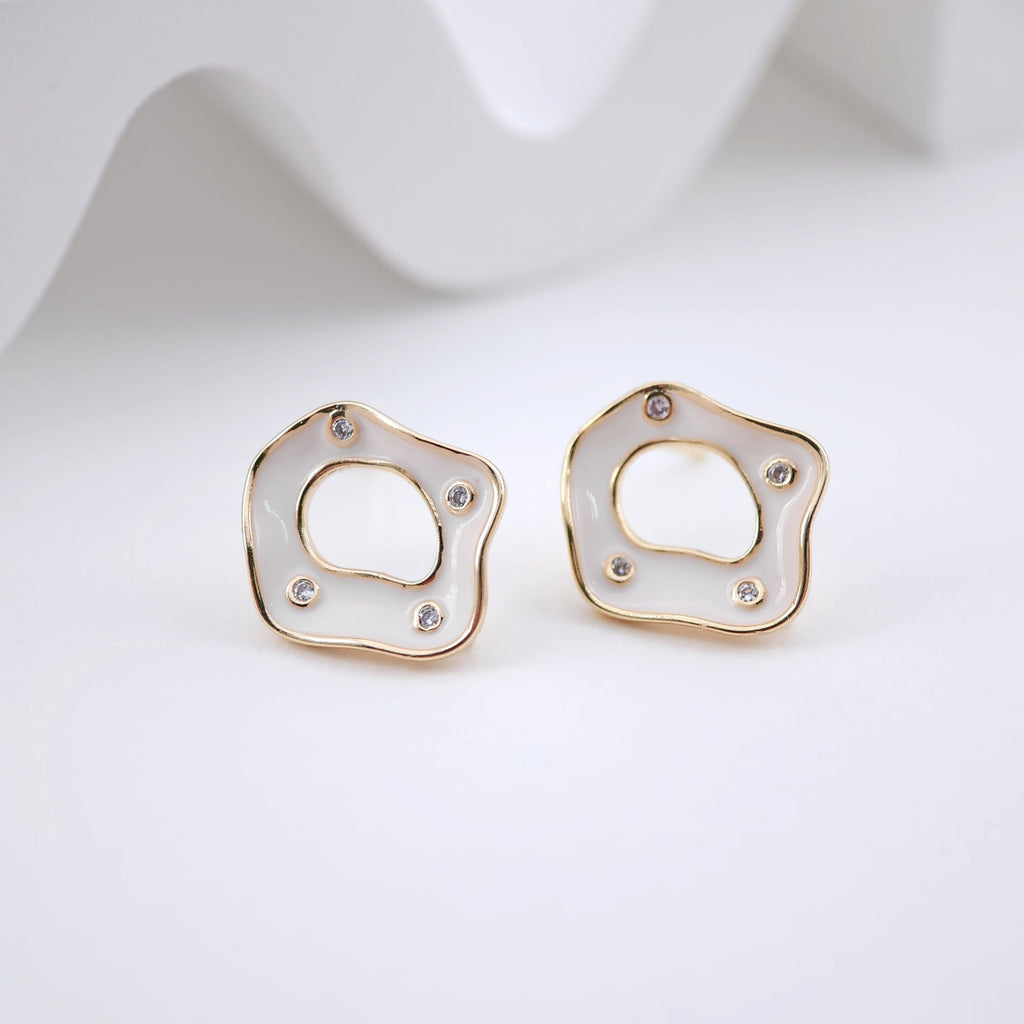 White Enamel Post Earrings,  Cutout Circle Zircons Earring Post with Loop, Handmade Earring Finding, DIY Earring Supplies ZX220