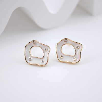 White Enamel Post Earrings,  Cutout Circle Zircons Earring Post with Loop, Handmade Earring Finding, DIY Earring Supplies ZX220