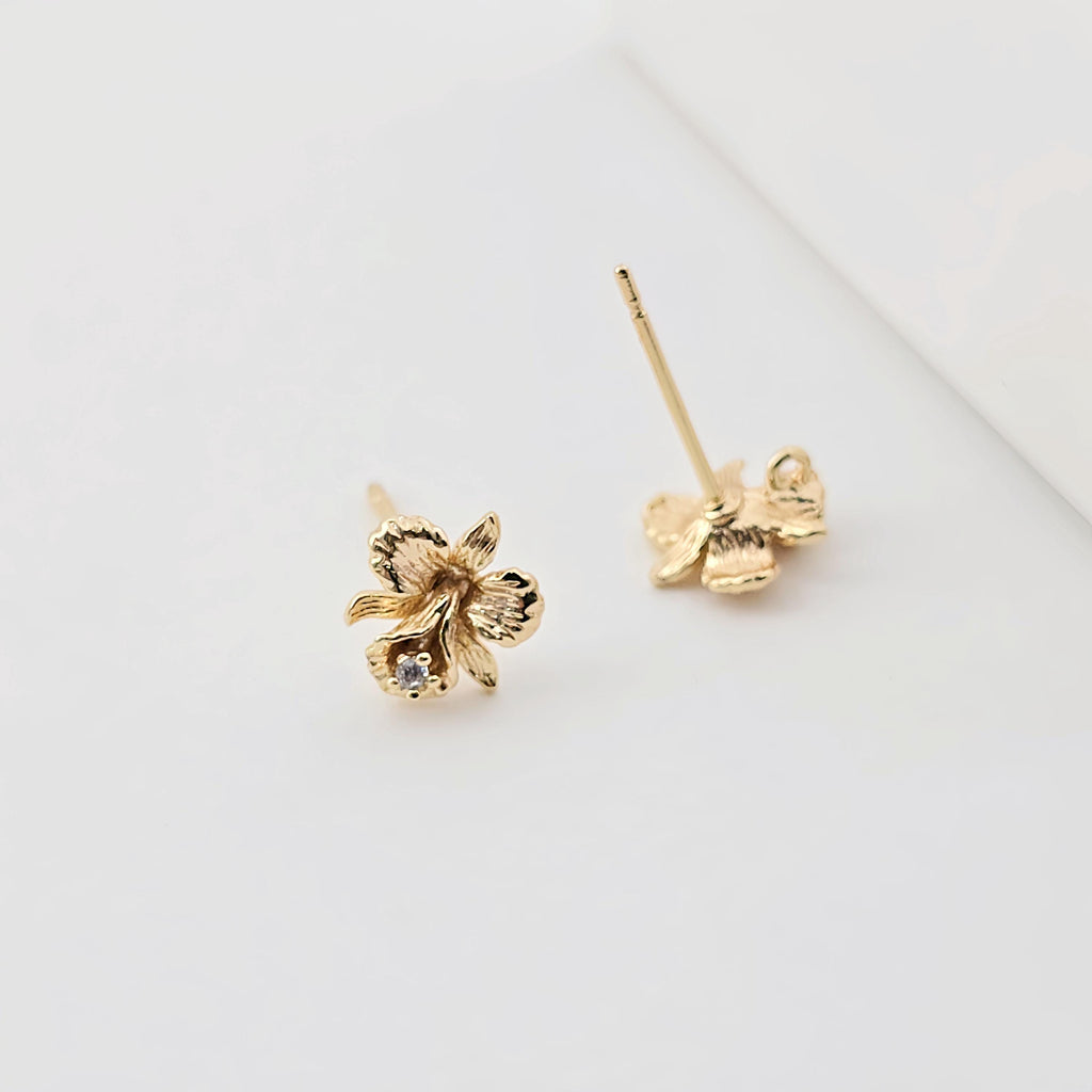 Flower Earring Post, 18K Real Gold Plated Brass Stud Earring With Loop, CZ Pave, Nickel Free, Earring Finding ZX293