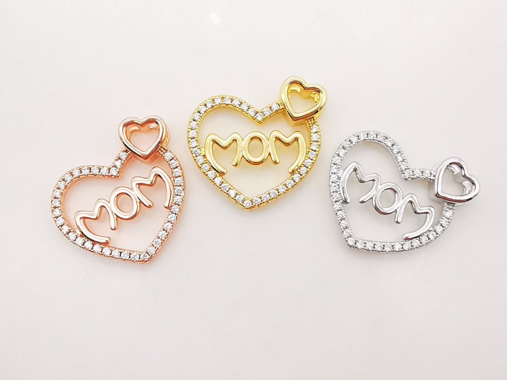 Cubic Love Mom Charm, 18K Gold Plated Micro CZ Pave Heart Pendant, Necklace Making Findings, 21x22mm, Jewelry Finding Gift for Mom S917