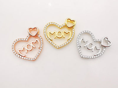 Cubic Love Mom Charm, 18K Gold Plated Micro CZ Pave Heart Pendant, Necklace Making Findings, 21x22mm, Jewelry Finding Gift for Mom S917