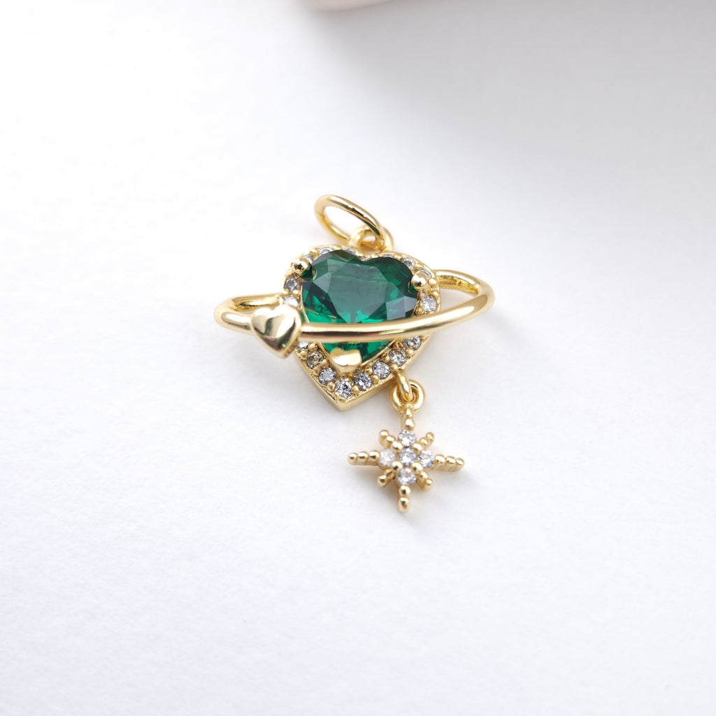 Heart Planet Charms, Cubic Pave Planet Pendant, 18K Gold Plated, Necklace Making Charms, Jewelry Findings S1164