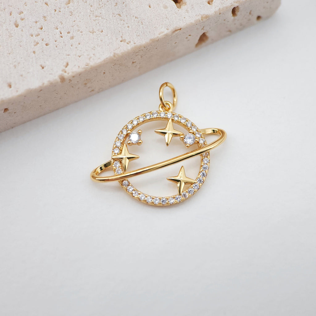 Saturn Planet Charms, Clear Cubic Planet Pendant, 18K Gold Plated, Necklace Making Charms, Jewelry Findings S725