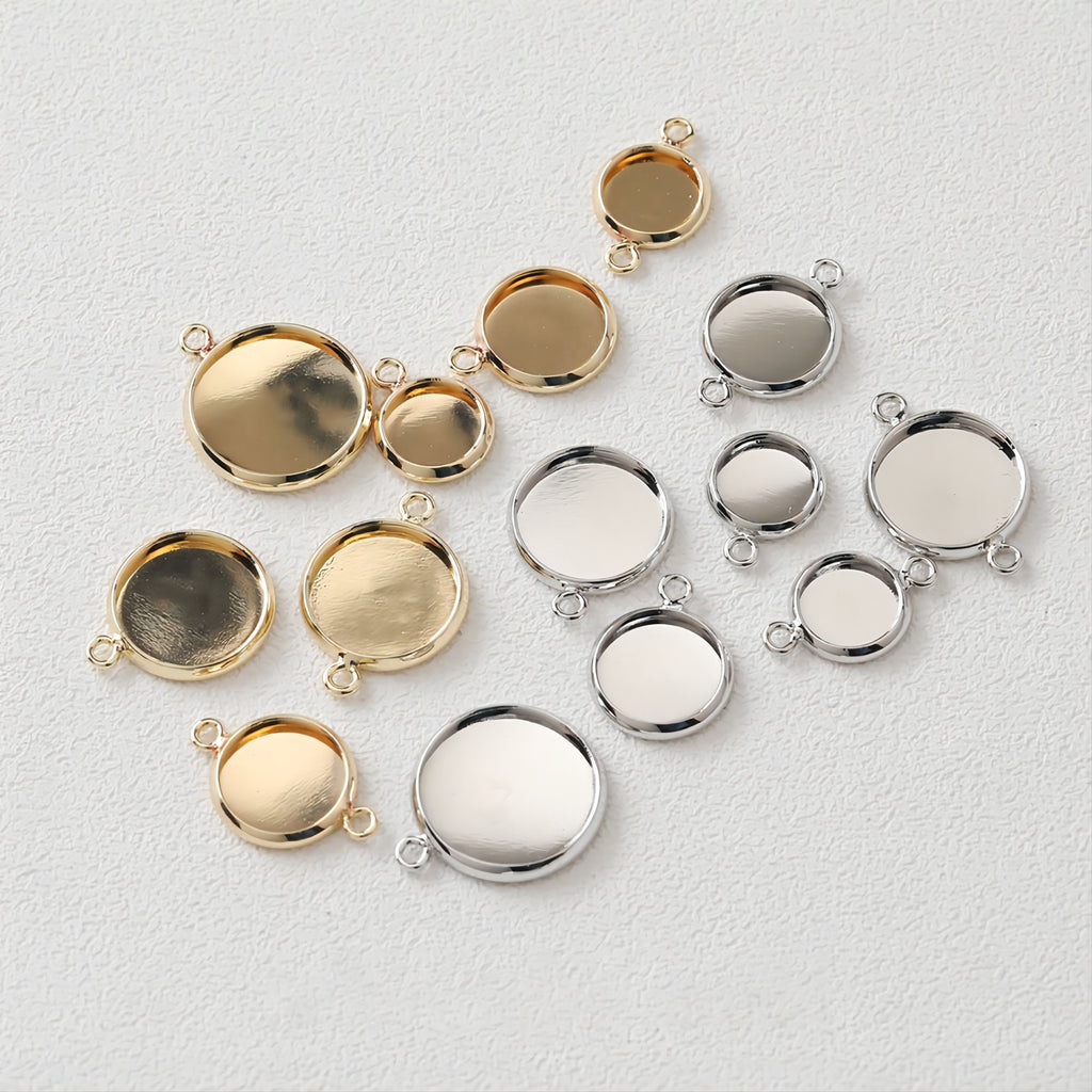 10 conectores de cabujón dorado con bandeja, chapados en oro de 14 quilates y plata, con engastes de colgante en blanco de 8 mm, 10 mm, 12 mm y 14 mm, JH002