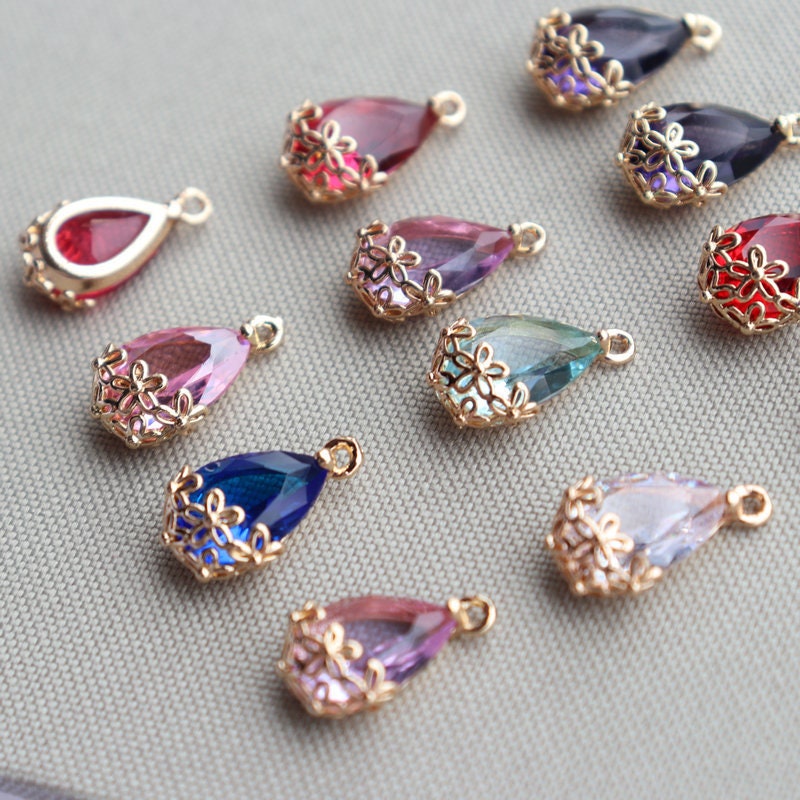 10pcs- Crystal Tiny Teardrop Charms, 10 Colors You Choose, 14K Gold Plated Teardrop Pendant, 8*12mm, Jewelry Findings JY084-F112