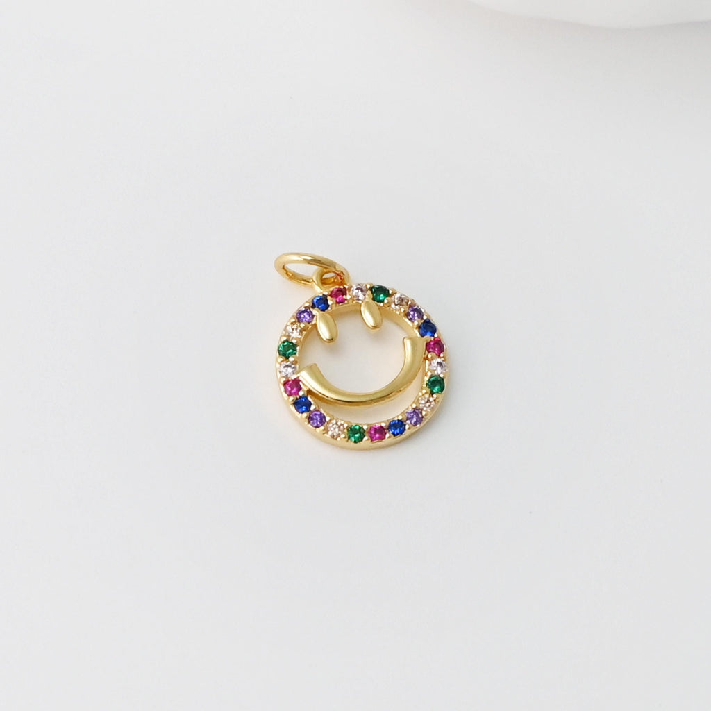 Smile Face Charm, Enamel Round Star Charm, Rainbow CZ Pave, 18K Gold Plated, CZ Pave Pendant, Necklace Jewelry Finding
