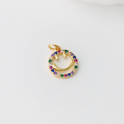 Smile Face Charm, Enamel Round Star Charm, Rainbow CZ Pave, 18K Gold Plated, CZ Pave Pendant, Necklace Jewelry Finding