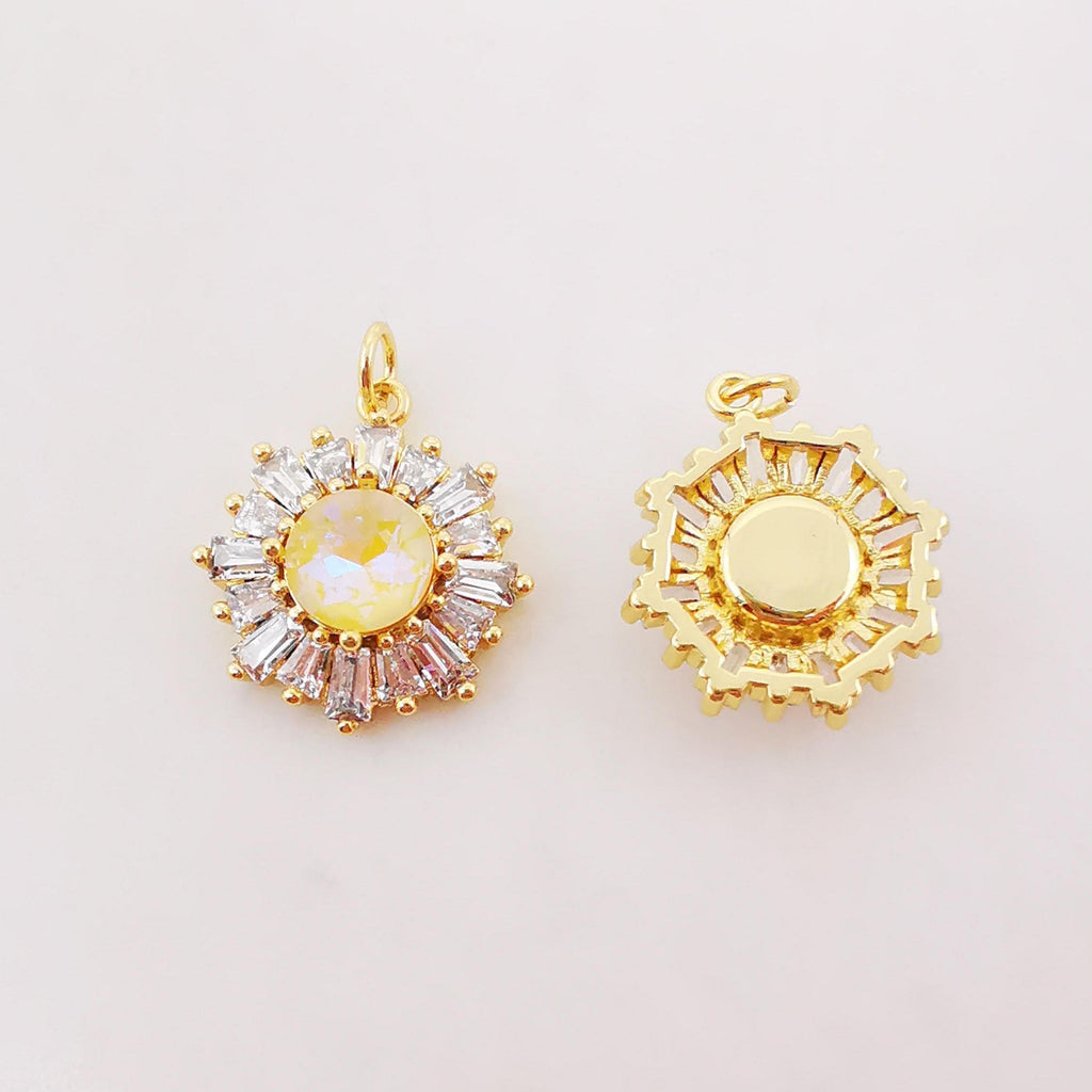 Sun Flower Charm, Multicolor Glass, 18K Gold Plated Cubic Pave Charm, Flower Pendant, Necklace Earring Making Charm, Jewelry Findings S1004