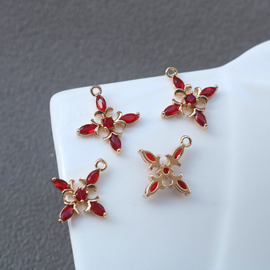 10pcs Cross Flower Charm, Cubic Zircon Crystal Flower Pendant, Real Gold Plated Brass Earring Charms, Jewelry Findings HL089-F116