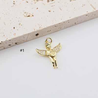 Gold Angel Charm Pave CZ, Cross Charm, Fly Charm, 18K Gold Plated, Pendant for Necklace and Bracelet, Jewelry Findings S1275