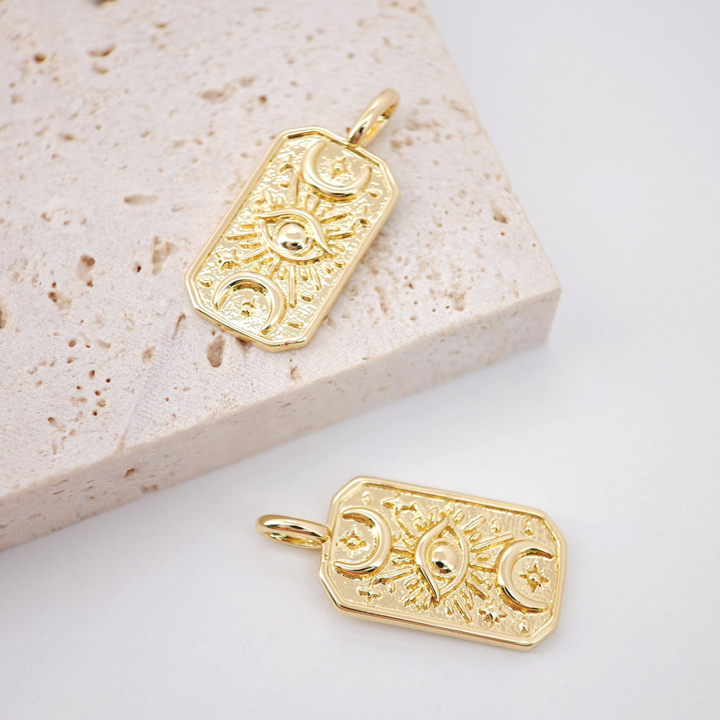 Gold Evil Eye Card Charms, Micro CZ Pave Moon and Star Pendant, 18K Gold Plated Brass, Necklace Making Charms, Jewelry Findings S1005