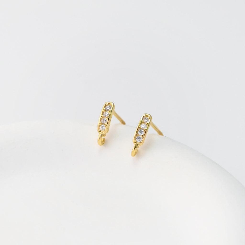 CZ Pave Rectangular Earring Post With Loop, S925 Silver Pin Nickel Free Post, 18K gold Plated, Hypoallergenic Earring Findings S1461